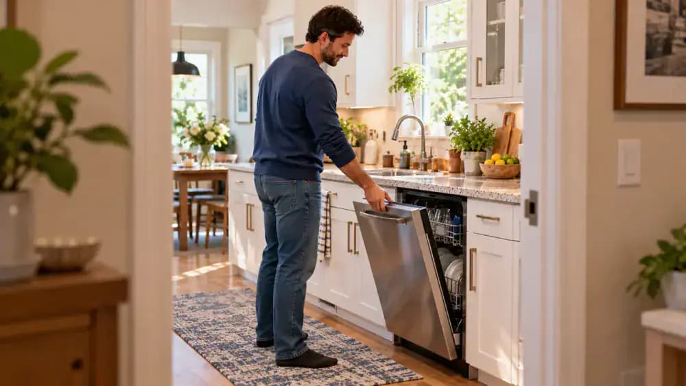 Person reviewing a dishwasher maintenance checklist inside a kitchen cabinet, checking appliance settings and safety items, storing the dishwasher manual, and gently closing the empty stainless steel dishwasher door.