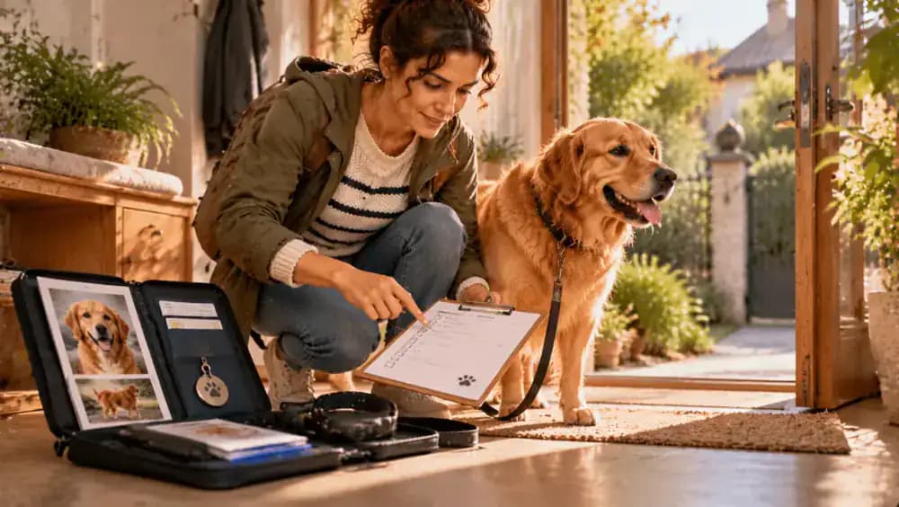 A pet owner checks off a four-item identification checklist beside a document folder and leash in a bright home entryway while a dog waits by the door.