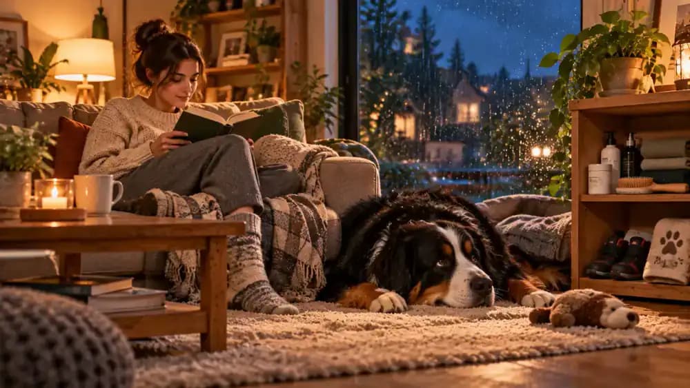 Relaxed Bernese mountain dog resting on a soft cushion beside a rainy nighttime window while its owner reads nearby, with a neatly organized paw-care basket under a wooden console.