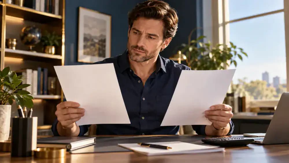 Person comparing two blank financial documents at a clean desk while considering a borrowing decision.