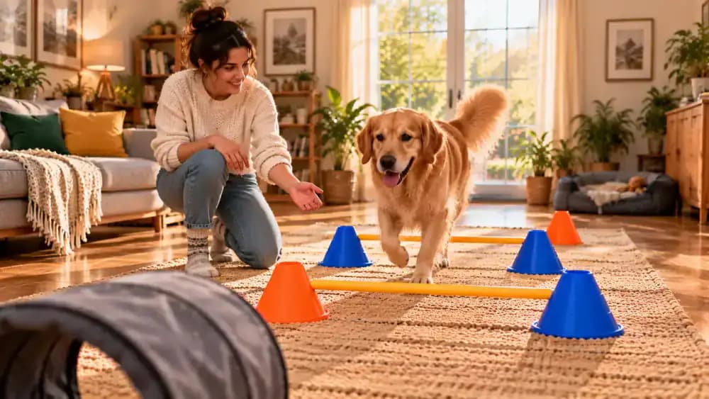Dog walking steadily on a non-slip mat, approaching a low obstacle voluntarily, receiving a reward from its owner, and standing happily beside a simple indoor obstacle course in a bright living room.