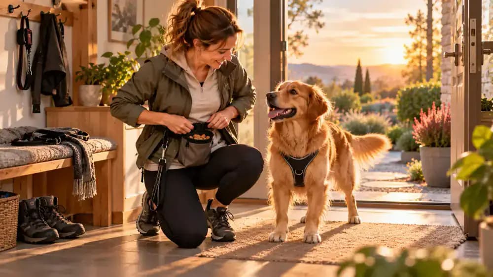 Golden Retriever heading out for an early morning neighborhood walk with its owner, who carries a small portioned treat pouch and offers praise and one tiny reward near a suburban home with a leash and treat container by the entrance.