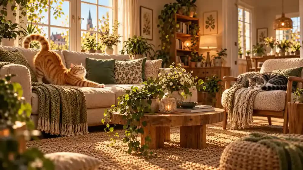 Milo rests on the sofa and Luna relaxes on a nearby chair in a peaceful sunlit family living room