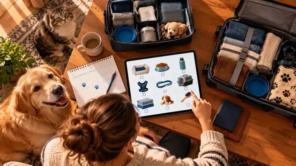 Traveler updating a digital Pet Hotel Preparation Checklist on a tablet beside an organized travel kit, packed suitcase, and upcoming trip calendar, while a relaxed golden retriever and tabby cat rest nearby.