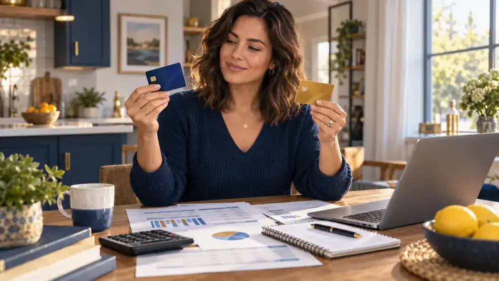 Consumer confidently choosing between debit and credit cards