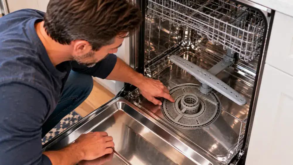 Adult pulling the lower dishwasher rack forward and pressing the secured filter rim while checking the clean tub for debris or moisture after a completed cycle.