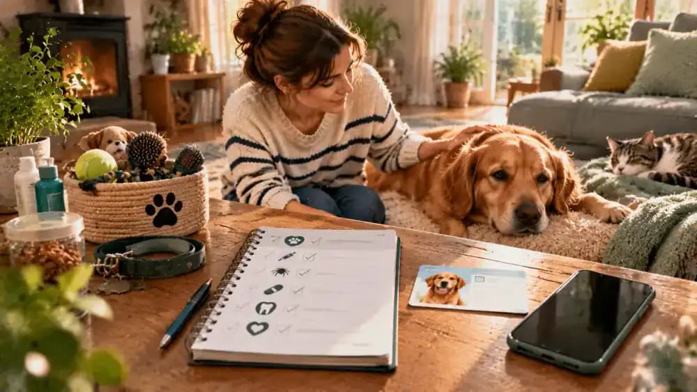 Pet owner placing a completed parasite prevention checklist beside a veterinary appointment card and saving the latest version on a phone while a dog rests nearby.