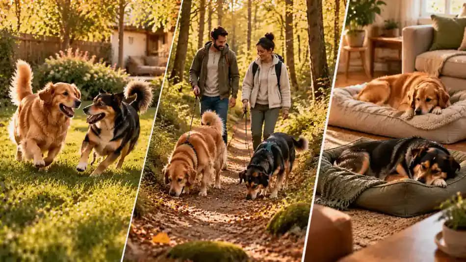 Owner reviewing a dog care checklist beside a calendar and checking secure gates, separate resting areas, and individual supplies while both dogs relax in different parts of a sunlit home.
