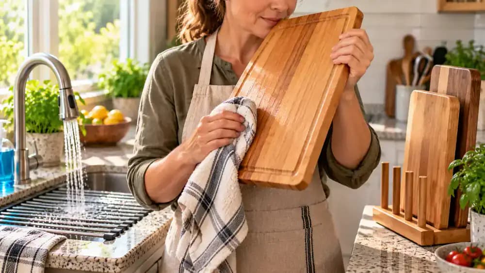 Hand removing an intact ready-to-eat cutting board from separate kitchen storage while a damaged board is tagged for disposal and the raw-protein board remains stored separately.