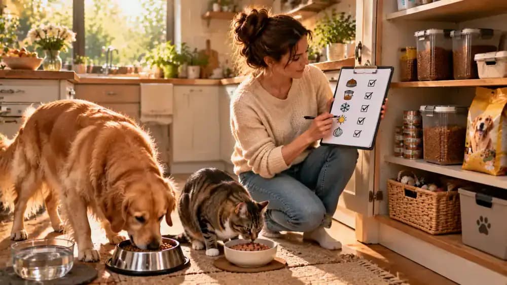 Owner marking a four-step pet food storage checklist inside a kitchen cabinet while a Golden Retriever and tabby cat eat at separate clean feeding stations.
