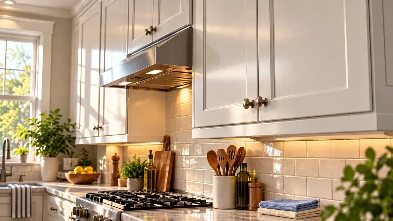 Clean painted kitchen cabinets in a bright morning kitchen with folded microfiber cloths and a weekly cleaning reminder card on the countertop.