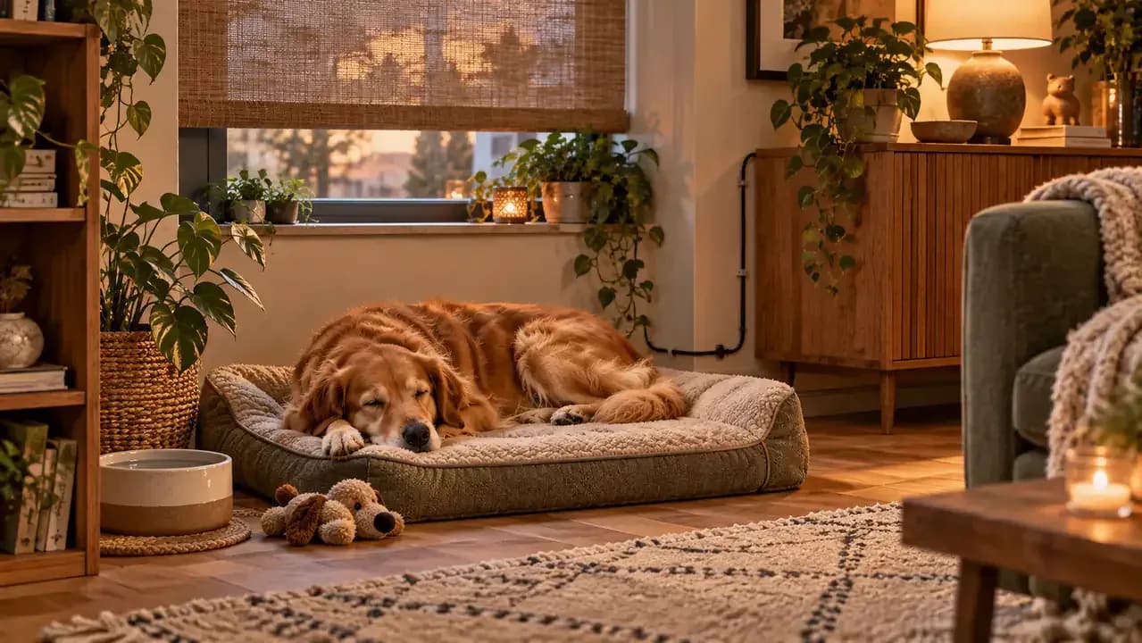 Completed dog-safe space with bed water secured cords shaded window and sleeping dog
