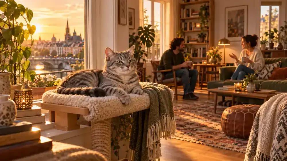 Gray tabby cat relaxing on an elevated window perch in a sunlit modern living room while the owner and a visitor chat quietly on a sofa several feet away.