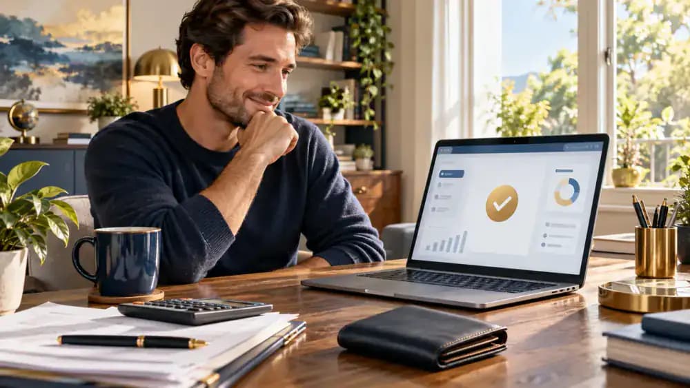 Satisfied customer verifying a paid-off credit card balance on a laptop