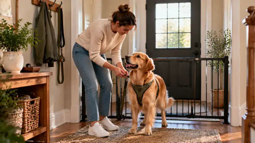 An owner approaches a front entrance with a dog on a securely held leash, rewards the dog for waiting behind the threshold, and gives the release cue before they move forward together.