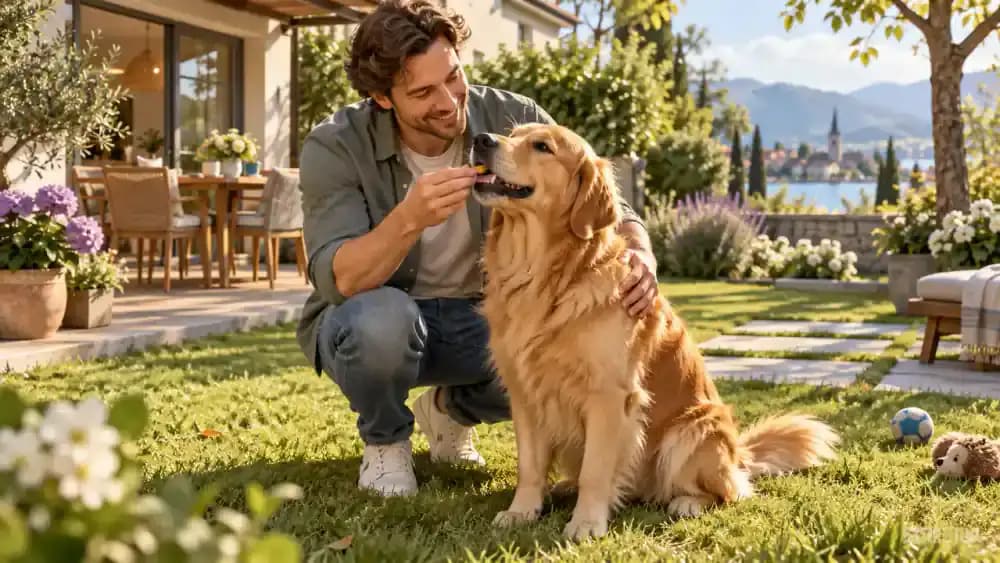 Happy golden retriever receiving a treat and gentle praise from its owner in a sunny backyard