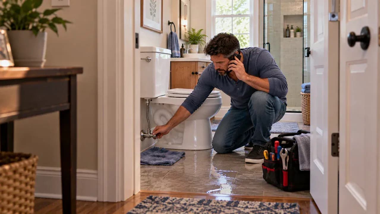 Homeowner observing a repaired toilet from the bathroom doorway, with warning examples showing water near the base, a leaking shutoff valve, cracked porcelain, and a do-not-use note on the closed lid.