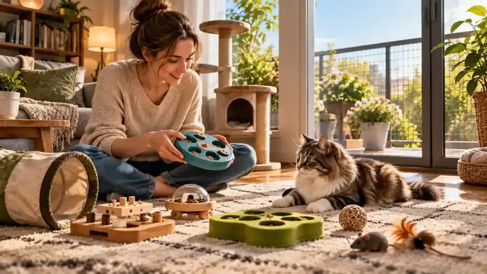 Homeowner standing beside a closed apartment balcony door reviewing a safety checklist about protective barriers, unresolved hazards, and supervision, then choosing an indoor enrichment activity with a relaxed cat.