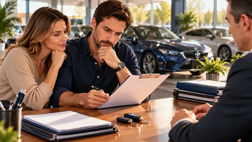 Satisfied car buyer reviewing a blank checklist beside vehicle keys and organized financing folders.