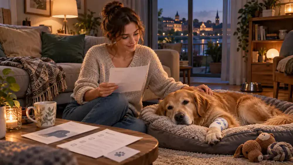 Owner filing a veterinary report while a golden retriever sleeps and a tabby cat relaxes in a sunny living room