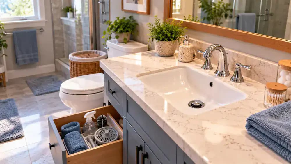 Bright, organized American bathroom with a clean white porcelain sink and chrome pop-up stopper, a homeowner placing a maintenance reminder inside the vanity cabinet, and an instructional graphic showing routine drain care versus calling a licensed plumber.