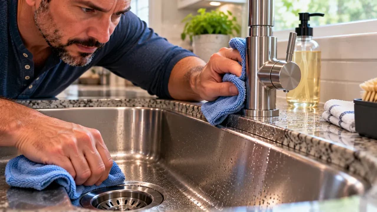Adult homeowner wiping crumbs from a clean stainless steel kitchen sink with a soft cloth after breakfast, with the basin rinsed and a microfiber towel hanging nearby.