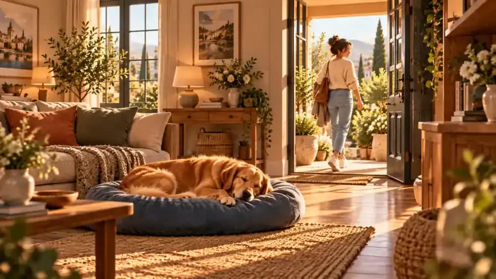 Bailey sleeps peacefully on his familiar blue bed in a warm, sunlit living room while Emma steps onto the front porch through a partially open entrance.