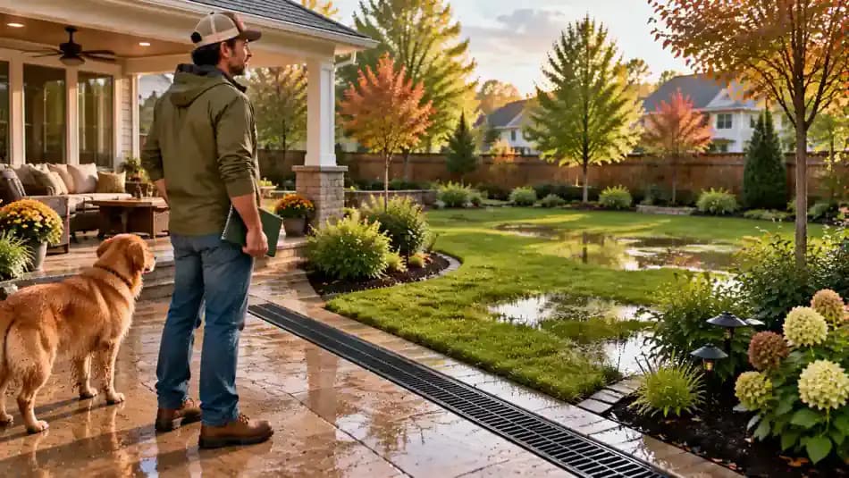 Homeowner standing on a dry suburban backyard patio in soft morning sunlight, holding a closed field notebook while surveying a lawn with tidy moisture-tolerant planting beds, clear surface drainage channels, and a visible roof downspout.