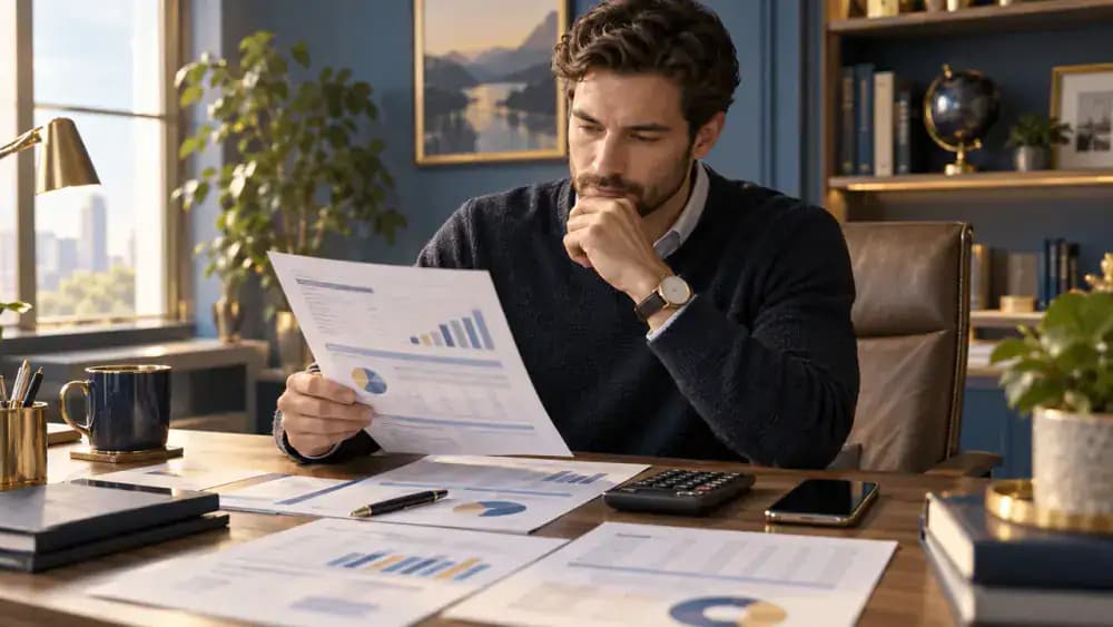 Confident saver reviewing a calendar and organized banking documents