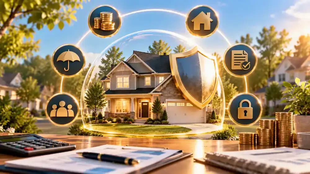 Protected suburban home surrounded by six financial safety symbols representing repayment deadlines, interest rates, payments, credit access, collateral, and planning.