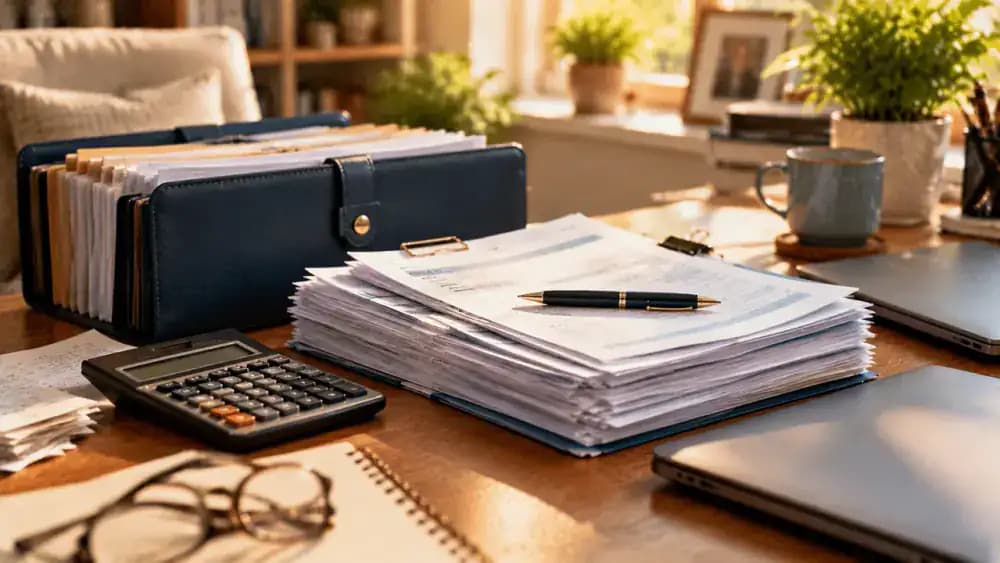 Completed tax paperwork neatly filed beside a closed laptop, calculator and secure document folder.