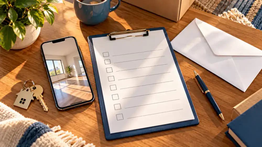 Apartment keys, smartphone displaying a clean rental room, blank checklist, and sealed envelope arranged neatly on a desk.