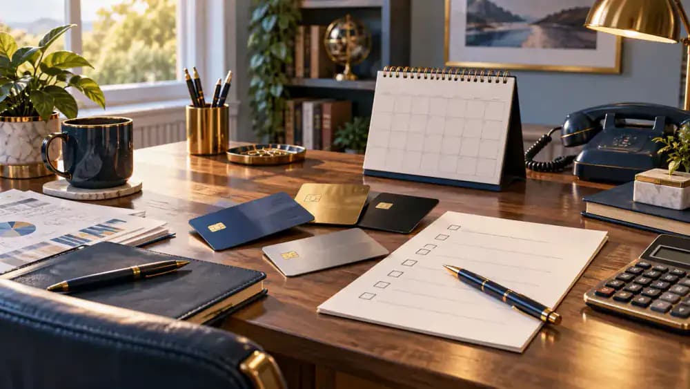 Clean workspace containing several credit cards, an unmarked checklist, calendar, and telephone.
