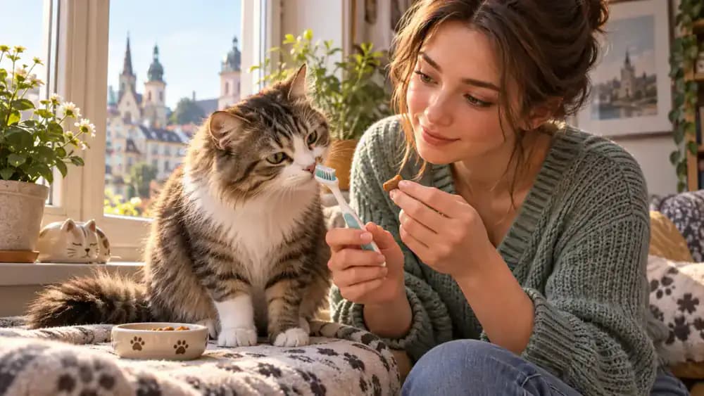 Cat voluntarily sniffing a soft pet toothbrush beside its owner on a sunlit morning windowsill