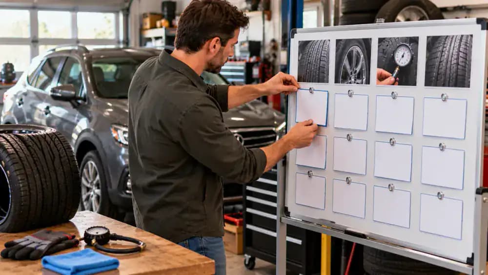 Tire safety reminder board beside a stationary passenger car tire, listing recommended cold PSI, monthly and pre-trip checks, visible damage warnings, and contacting a tire professional.