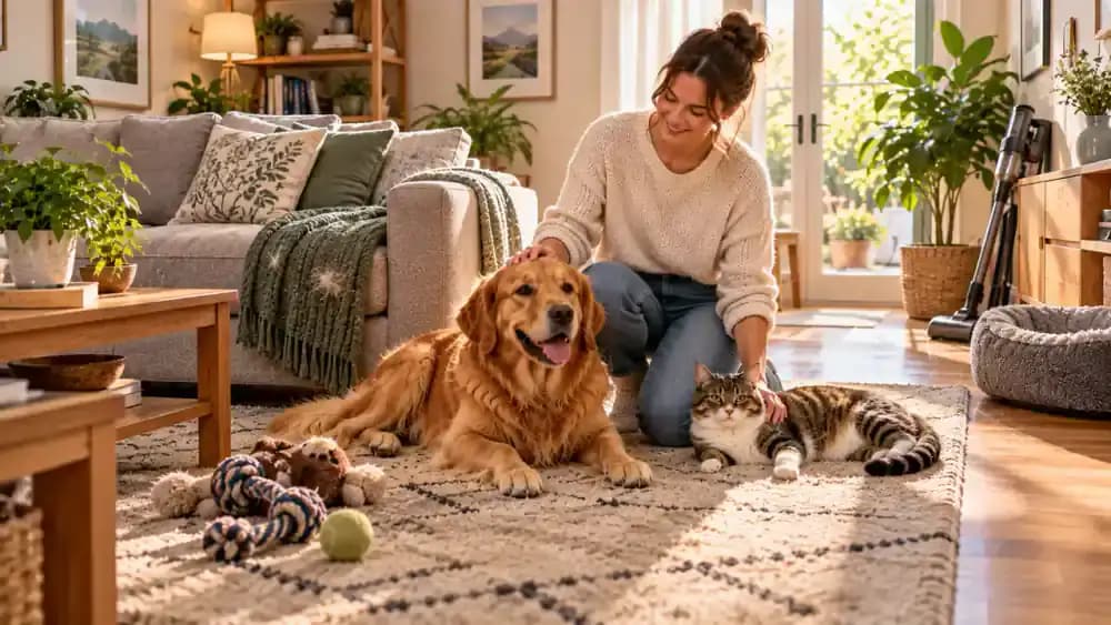 Tidy lived-in home with relaxed dog and cat and a small amount of normal fur