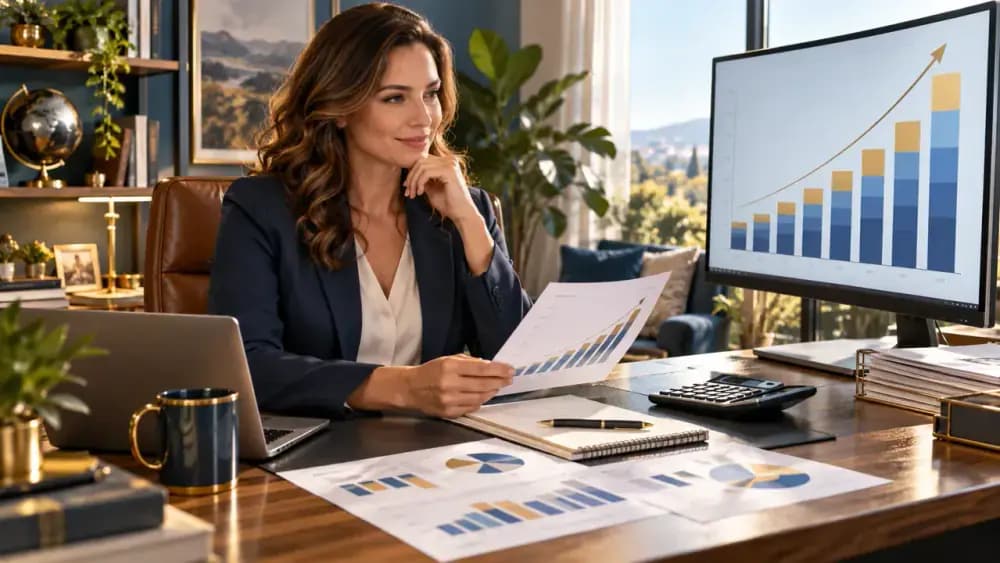Confident worker reviewing income growth with clear layered tax calculations