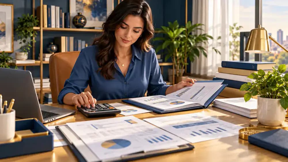 Bright organized workspace with reference books, calculator, document folder, and healthy green plant.