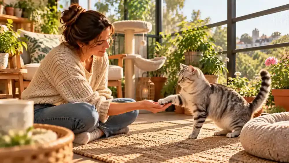 Veterinarian discussing a claw diagram and training notes with a cat owner in a quiet feline clinic while a silver tabby rests inside an open carrier, followed by the cat voluntarily touching its owner's hand on a secure sunlit balcony.