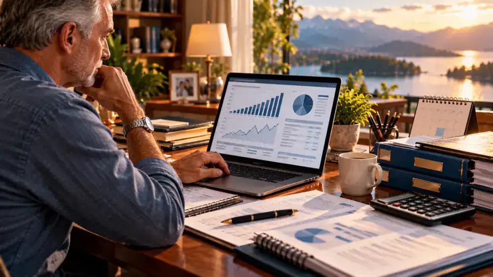 Retired adult reviewing annuity statements on a laptop beside organized financial folders and a calendar.