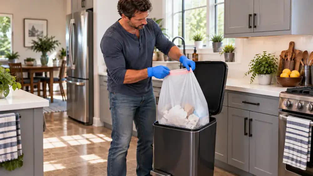 Gloved person marking a deep-clean reminder on a wall calendar beside a clean kitchen trash can and organized cleaning caddy.