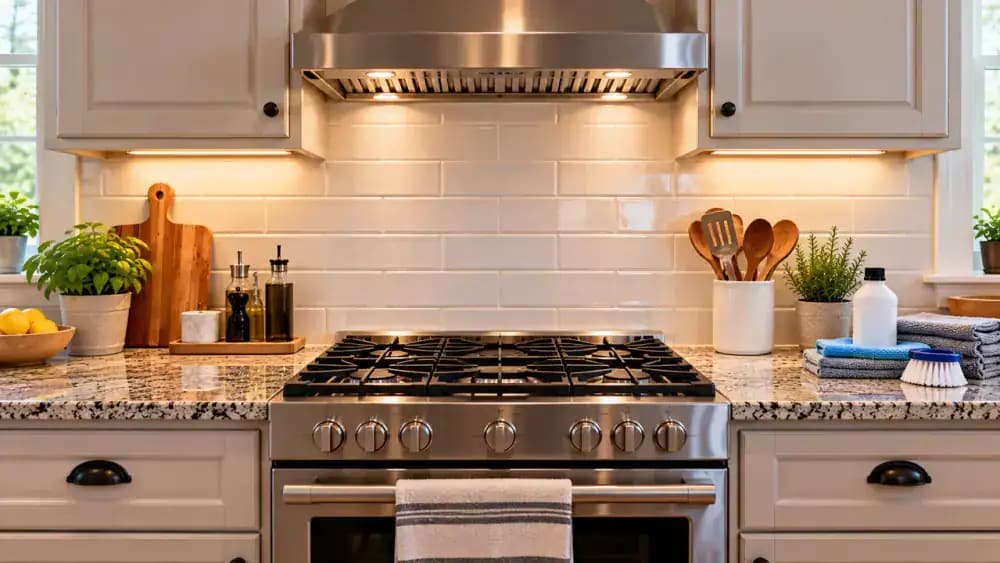 Wide view of a clean, dry kitchen backsplash with cream ceramic subway tiles and natural light gray grout above a cool stainless steel stovetop, with a blue-gloved homeowner organizing microfiber cloths, a soft nylon grout brush, and non-acidic cleaner in a cleaning caddy.