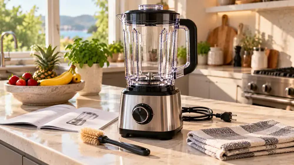 Fully cleaned transparent blender with its lid secured and blade assembly installed, resting on an unplugged motor base on a light limestone kitchen island beside a soft cleaning brush, microfiber towel, and owner's manual.