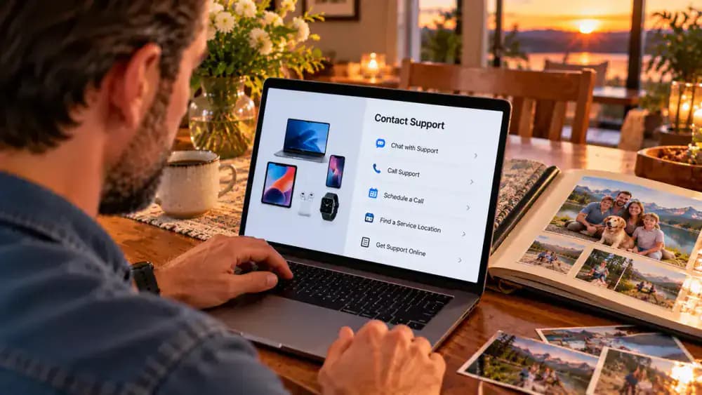 Adult selecting the Contact Support section on an official device manufacturer's support website on a smartphone at a limestone dining table, with a closed photo album beside the phone at sunset.