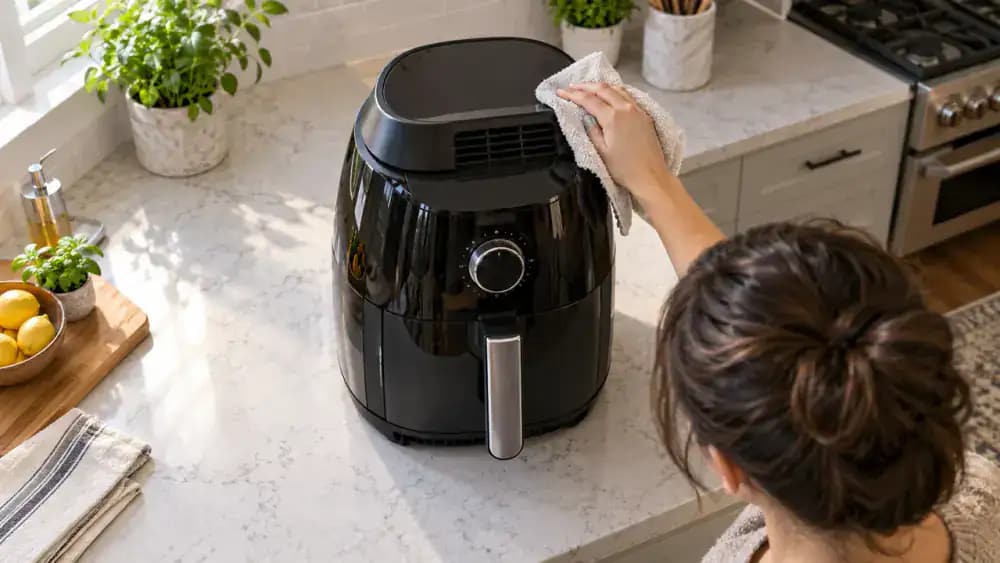 Hand using a dry microfiber cloth to wipe a fresh fingerprint from the outer panel of a countertop appliance beside a cleaning caddy with cloths, brush, and cotton swabs.