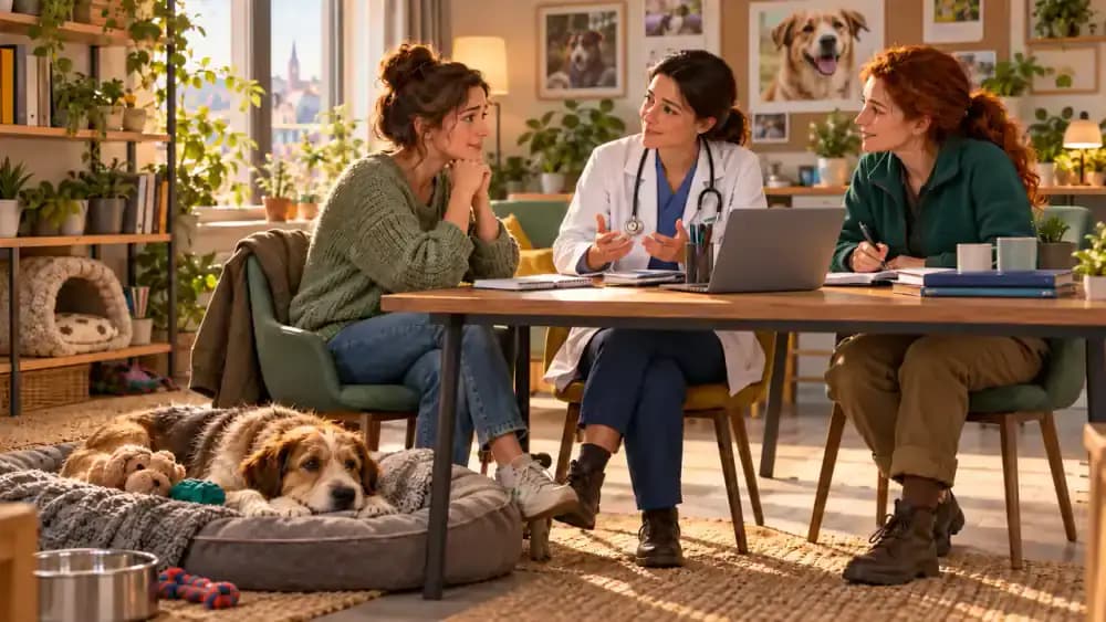 Adopted dog rests beside its owner after a peaceful walk while a cat relaxes on a sunny window perch in a welcoming home filled with familiar routines and comfortable resting spaces.