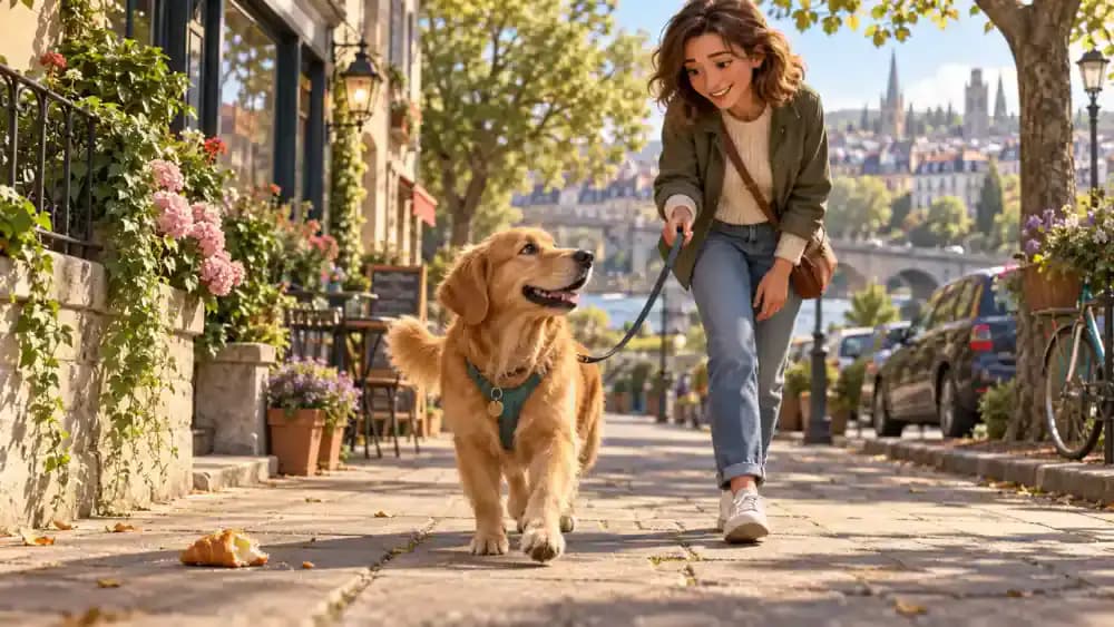 Dog on a leash during a sunny neighborhood walk, looking away from a fallen snack toward its smiling owner.