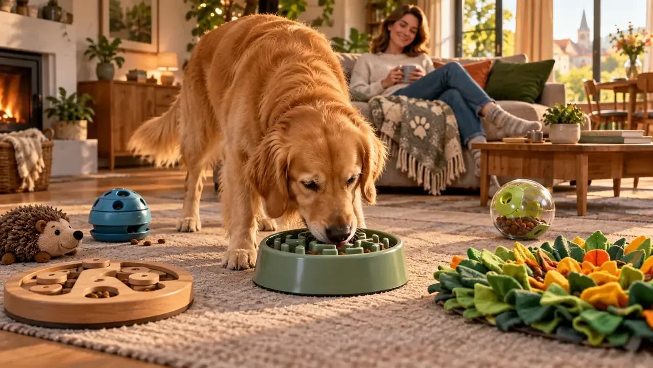 Relaxed dog finishing a slow feeder meal with puzzle toys and a snuffle mat nearby