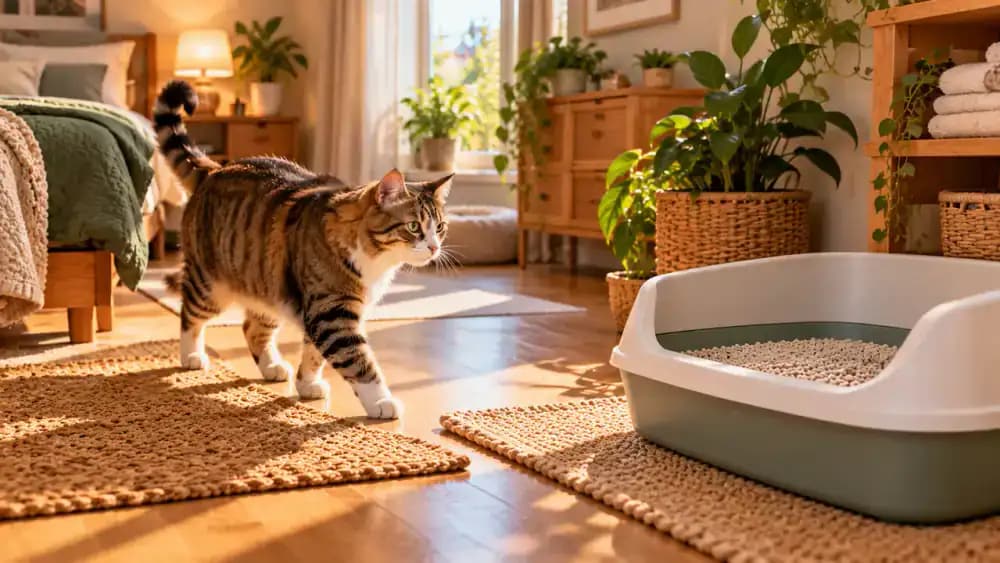 Cat using a thoughtfully positioned litter box as a youngster and later as an adult, while its owner adjusts the placement in a rearranged home before the relaxed cat approaches the tray.