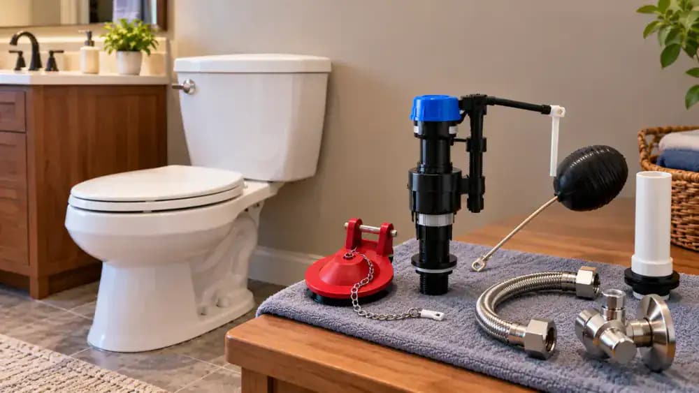 Editorial checklist beside a white two-piece toilet showing five labeled illustrations: CHECK FLAPPER, CHECK CHAIN, CHECK FLOAT, VERIFY SHUTOFF, and CHECK FOR LEAKS, with a safety reminder to call a plumber for persistent problems or external leaks.